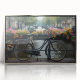 Mid-century modernist art deco bicycle illustration in silver frame, featuring pastel blue and pink tones.