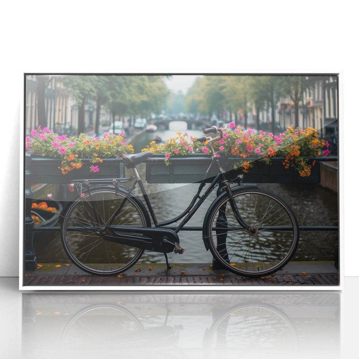 Art deco style bicycle illustration in muted colors on a white acrylic framed poster, suitable for nursery wall art.