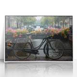 Art deco style bicycle illustration in muted colors on a white acrylic framed poster, suitable for nursery wall art.