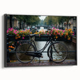 Black and white vintage poster art of a bicycle on framed canvas, suitable for bedroom wall decor.
