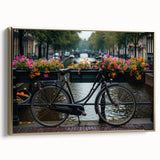 Framed canvas featuring a vintage-style black bicycle on a muted landscape background, ideal for bedroom wall art.
