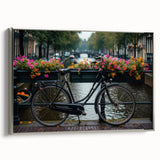 Framed canvas depicting a vintage bicycle in black with colorful background, ideal for adding character to a home office.