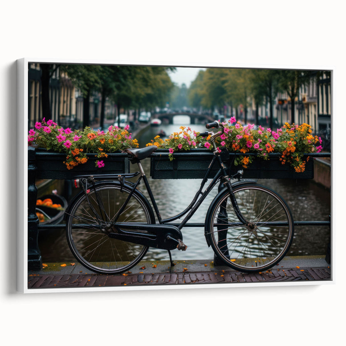 Vintage poster art of a bicycle on a white framed canvas, featuring black and colorful art, ideal for living room decor.