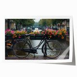 Rolled print of a vintage bicycle and floral design in muted earth tones.