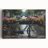 Black and white photo of a vintage bicycle on stretched canvas, suitable for kitchen wall art.