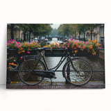 Black and white photo of a vintage bicycle on stretched canvas, ideal for kitchen wall art or bedroom decor.