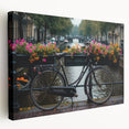 Side view of a vintage bicycle on a large stretched canvas with muted earth tones, suitable for kitchen wall decor.