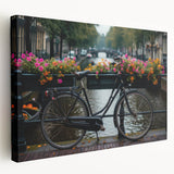 Side view of a vintage bicycle on a large stretched canvas with muted earth tones, suitable for kitchen wall decor.