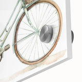 Mid-century modernist large abstract wall art featuring a bicycle design in muted gray and blue tones on acrylic glass.