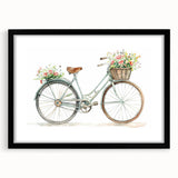 Extra large abstract art print of a colorful, textured bicycle on a black framed canvas, ideal for living room decor.