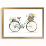 Abstract art print featuring a stylized bicycle in gold and black tones on a framed canvas, ideal for dining room decor.