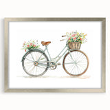 Textured abstract art print of bicycles in muted gray and silver, framed with mat in silver, suitable for bedroom decor.