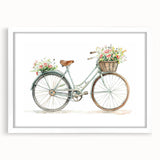 Extra large abstract art print of a textured bicycle design in muted earth tones on a white framed canvas.
