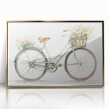 Mid-century modernist bicycle illustration in gold and black, acrylic framed print.
