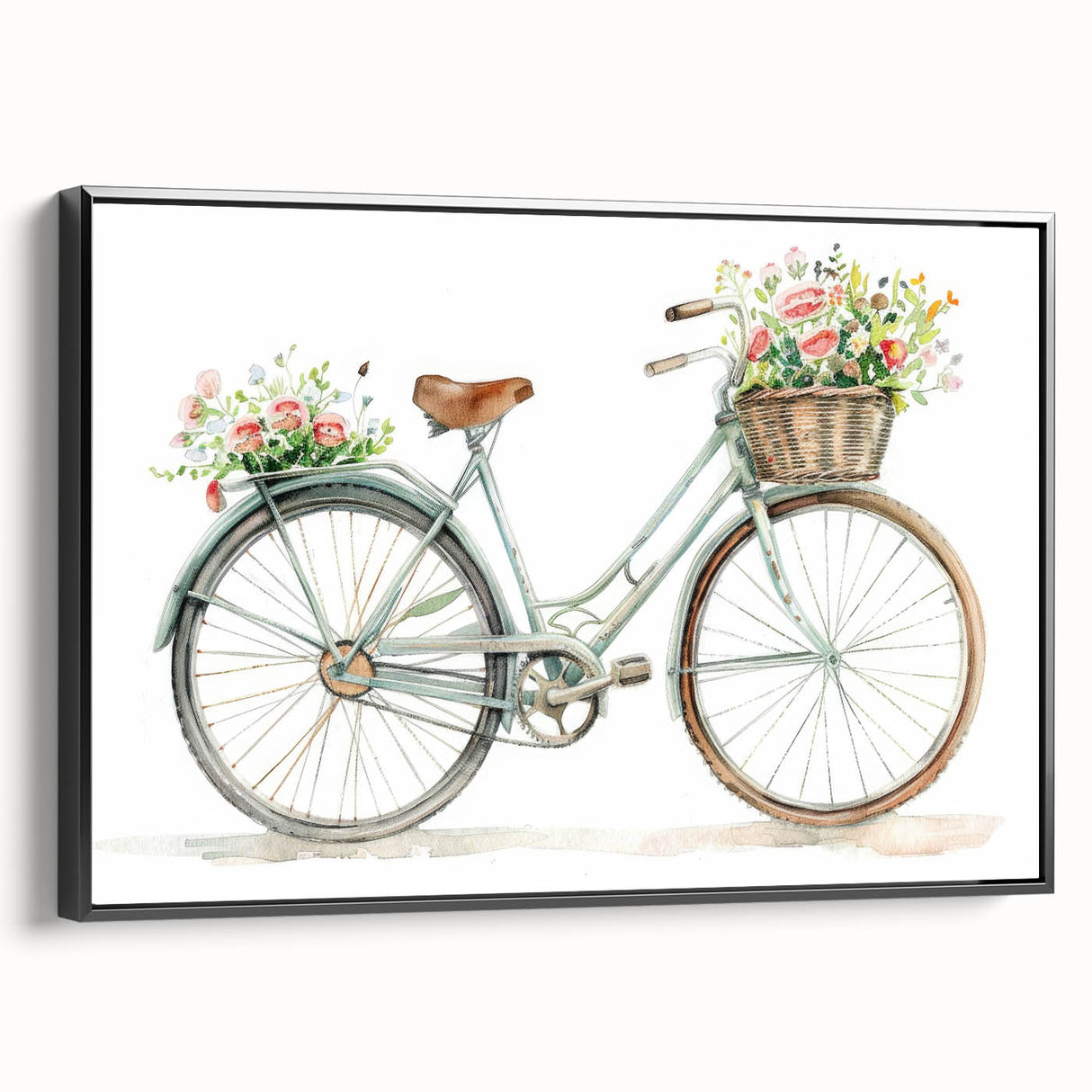 Black and white vintage poster art of a bicycle on framed canvas, suitable for bedroom wall decor.