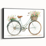 Black and white vintage poster art of a bicycle on framed canvas, suitable for bedroom wall decor.