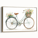Vintage poster art of a black bicycle on a muted landscape background on framed canvas, ideal for bedroom wall decor.
