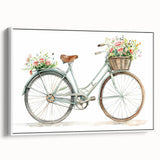 Vintage poster art of a bicycle on a white framed canvas, with a black background and colorful accents.