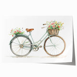 Rolled print featuring a vintage bicycle with floral accents in soft pastel shades, ideal for art wall dining room.