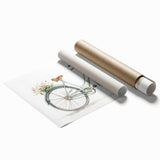 Extra large rolled print of a vintage bicycle with floral accents in pastel shades, suitable for classy bathroom wall art.