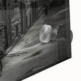 Mid-century modernist large abstract art print of a bicycle, in vibrant colors on acrylic glass, ideal for dining room decor.