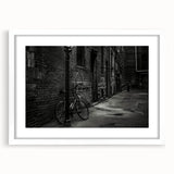 Extra large abstract art print featuring a textured bicycle design in neutral tones, framed with a white mat.