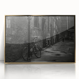 Mid-century modernist art of a bicycle in muted earth tones on a gold-framed acrylic, ideal for nursery wall art.