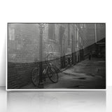 Art Deco style poster of a vintage bicycle in monochrome tones, acrylic print framed in white, suitable for nursery wall art.
