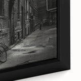 Extra large black wall art depicting a colorful, textured bicycle on a framed canvas, ideal for living room decor.