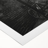 Art deco poster of a vintage bicycle in black and white, printed on rolled canvas, suitable for dining room decor.