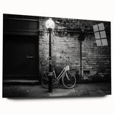 Acrylic print of a side-view bicycle in grayscale, ideal for modern bedroom or dining room decor.