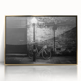 Mid-century modernist bicycle illustration on a large acrylic print with gold frame, suitable for nursery wall decor.