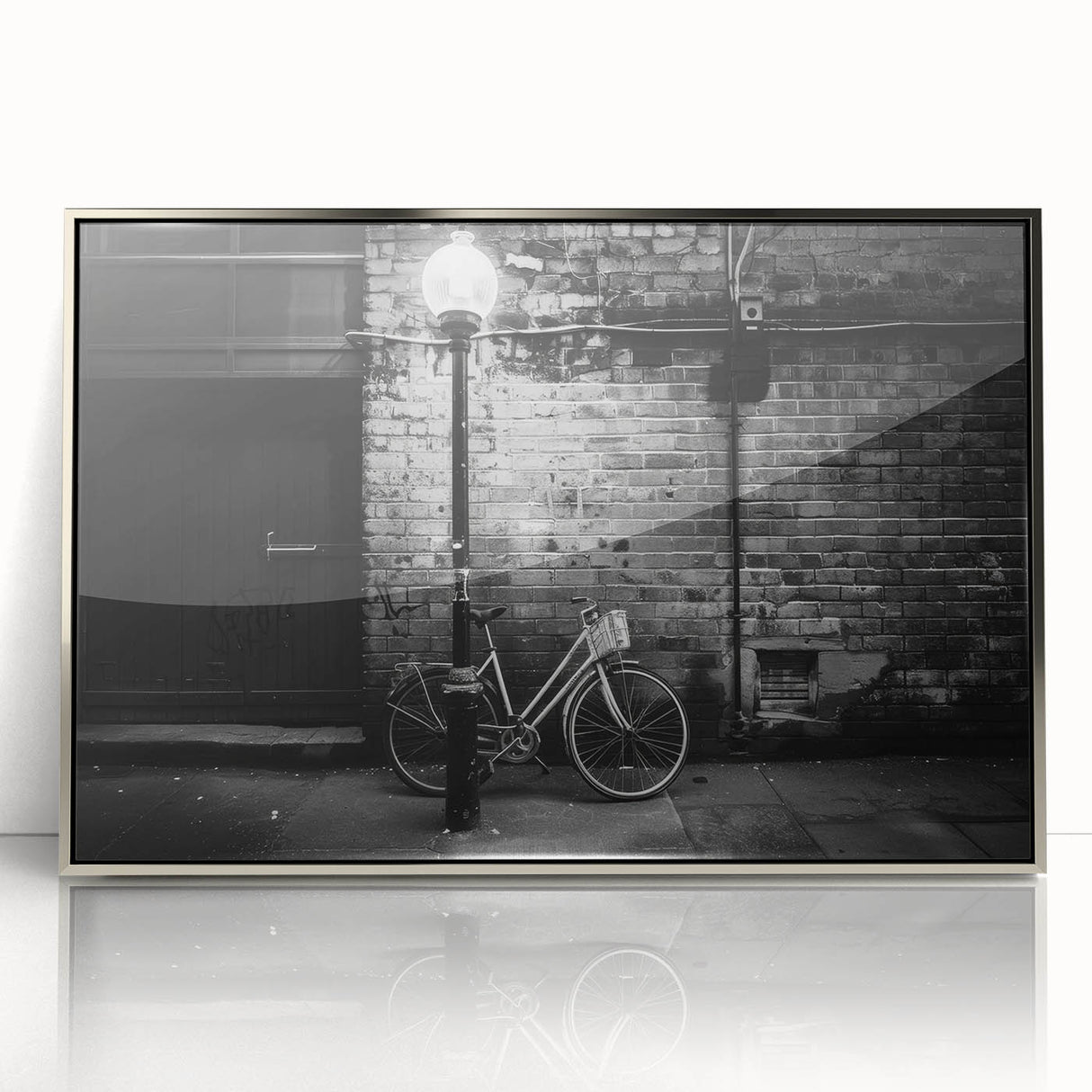 Mid-century modernist art depicting a vintage bicycle in muted gray and silver tones on a framed acrylic.