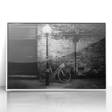 Art deco poster of a vintage bicycle in black and white tones, acrylic print in a white frame, suitable for nursery wall art.