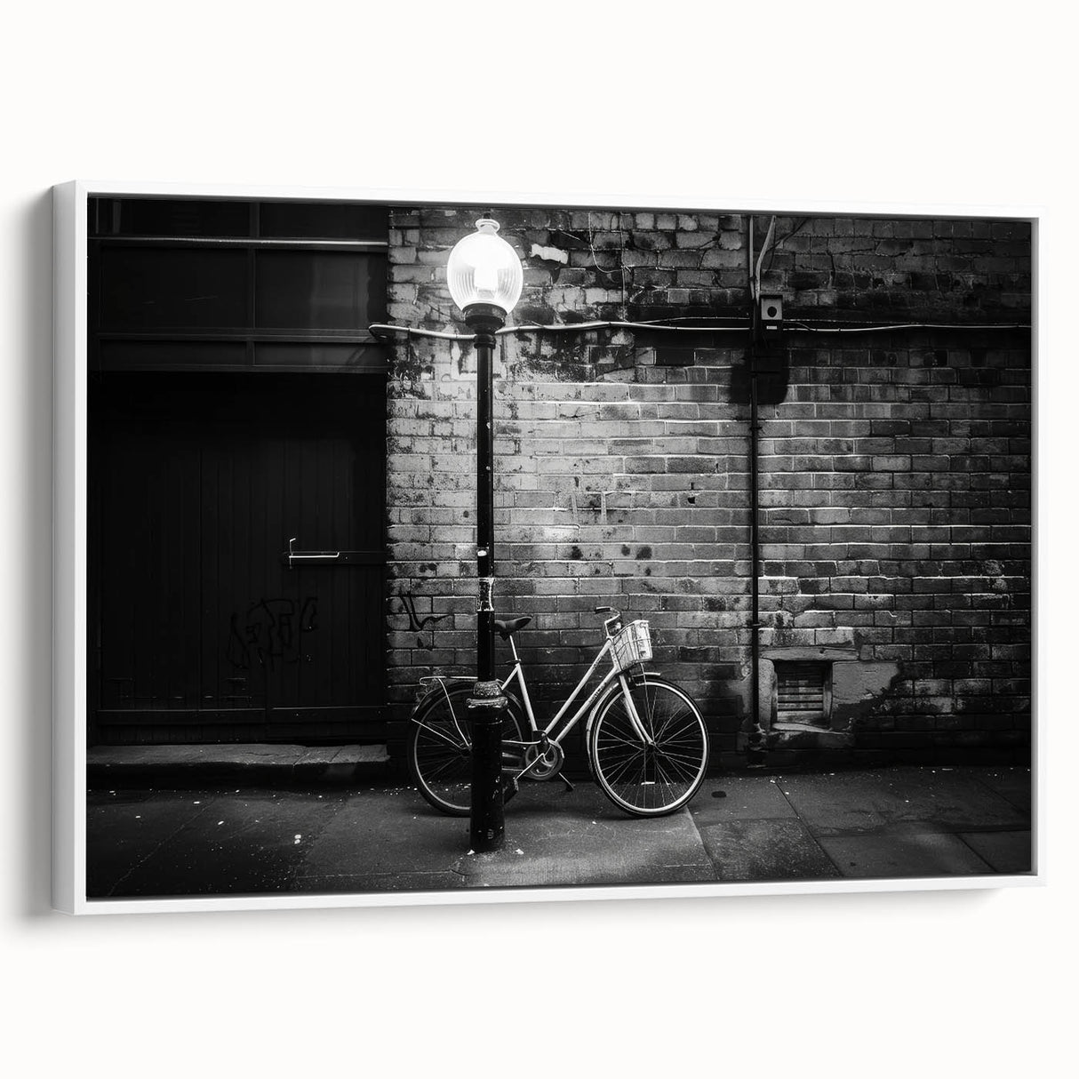 Vintage poster art of a black bicycle on a colorful background, framed canvas, ideal for living room decor.