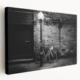 Side view of a vintage bicycle on a large stretched canvas with muted earth tones, suitable for kitchen wall decor.