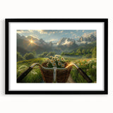 Abstract art print of a colorful, textured bicycle on a large canvas, framed in black, suitable for living room decor.