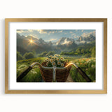 Abstract art print of a bicycle in gold and black tones, framed with a mat, suitable for bedroom or dining room decor.