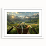 Extra large abstract art print featuring a textured depiction of a bicycle, in muted earth tones, framed with a white mat.