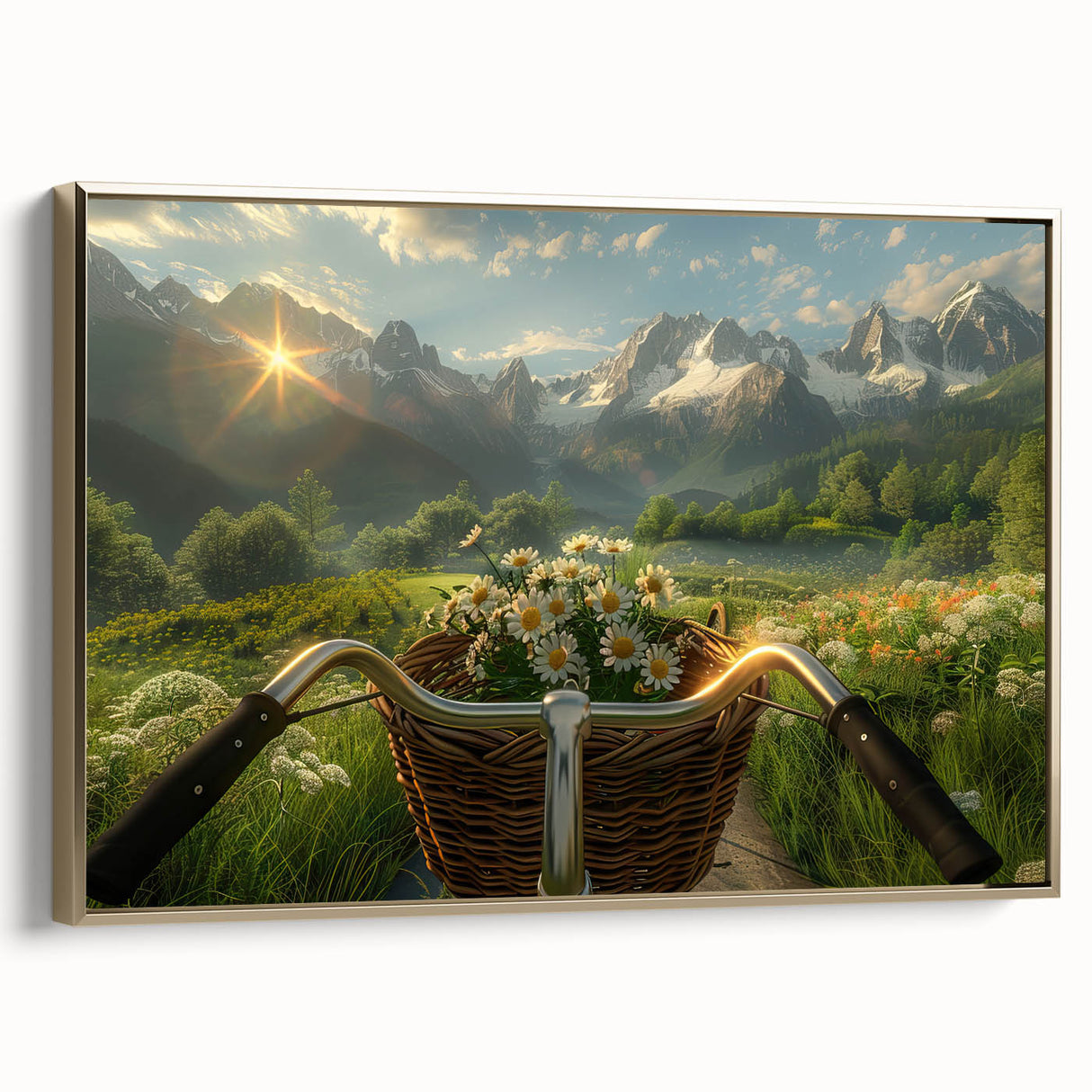 Framed canvas featuring a vintage black bicycle on a muted landscape background, ideal for bedroom wall art.