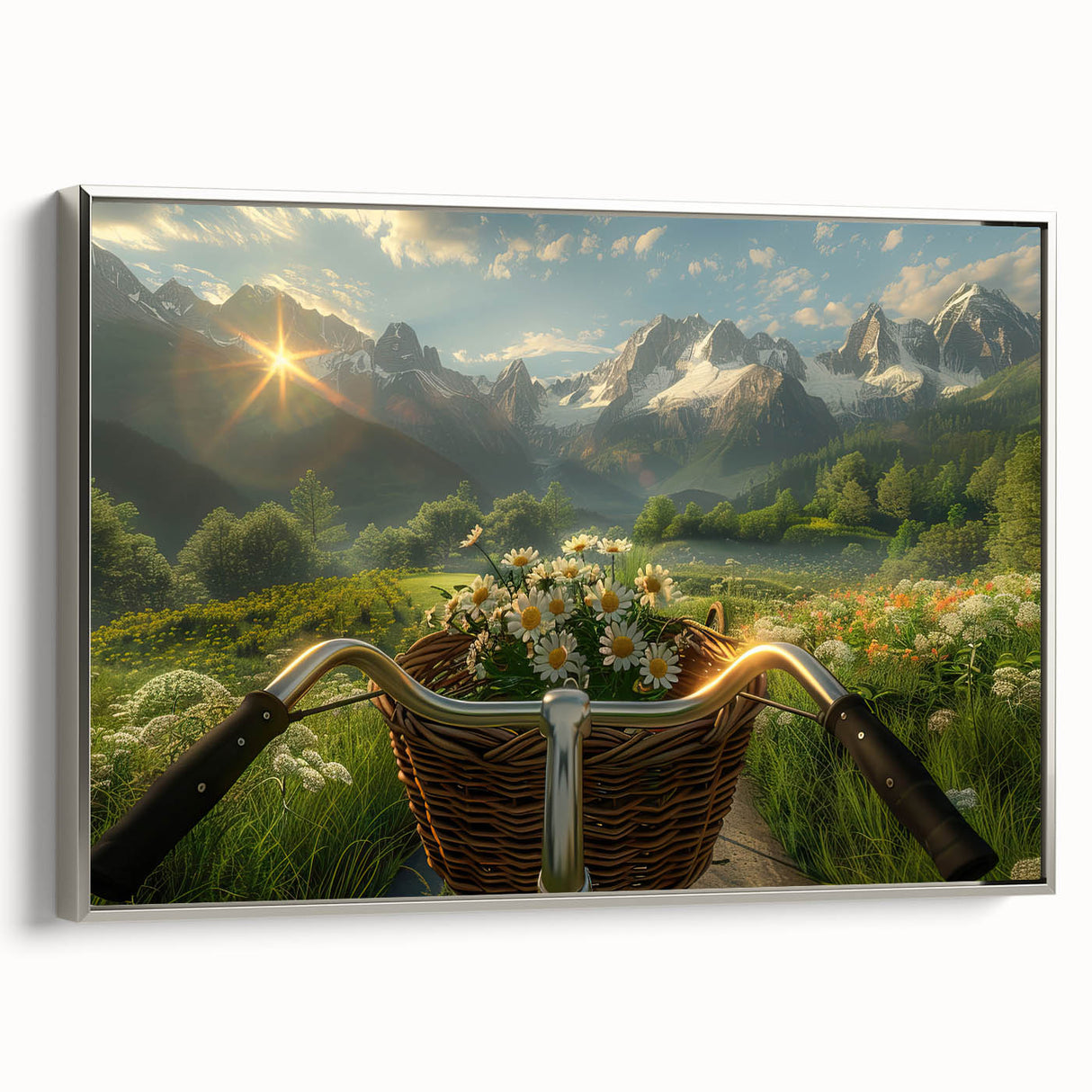 Framed canvas featuring a vintage black bicycle against a colorful abstract background, ideal for living room decor.
