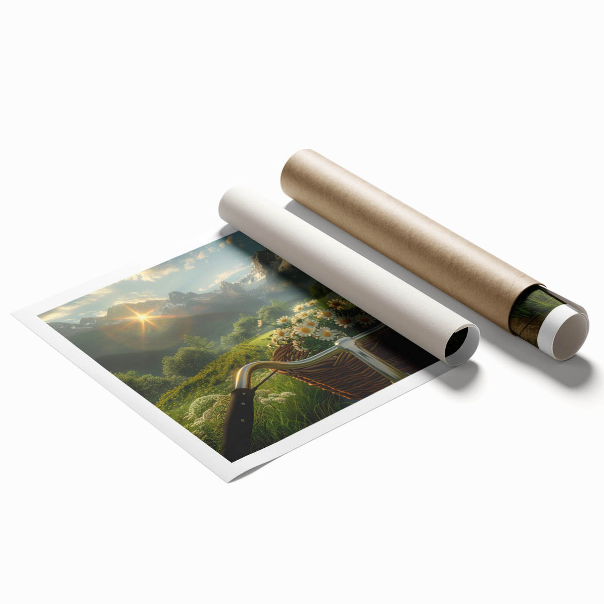 Extra large rolled print featuring a vintage bicycle with floral accents in pastel shades.