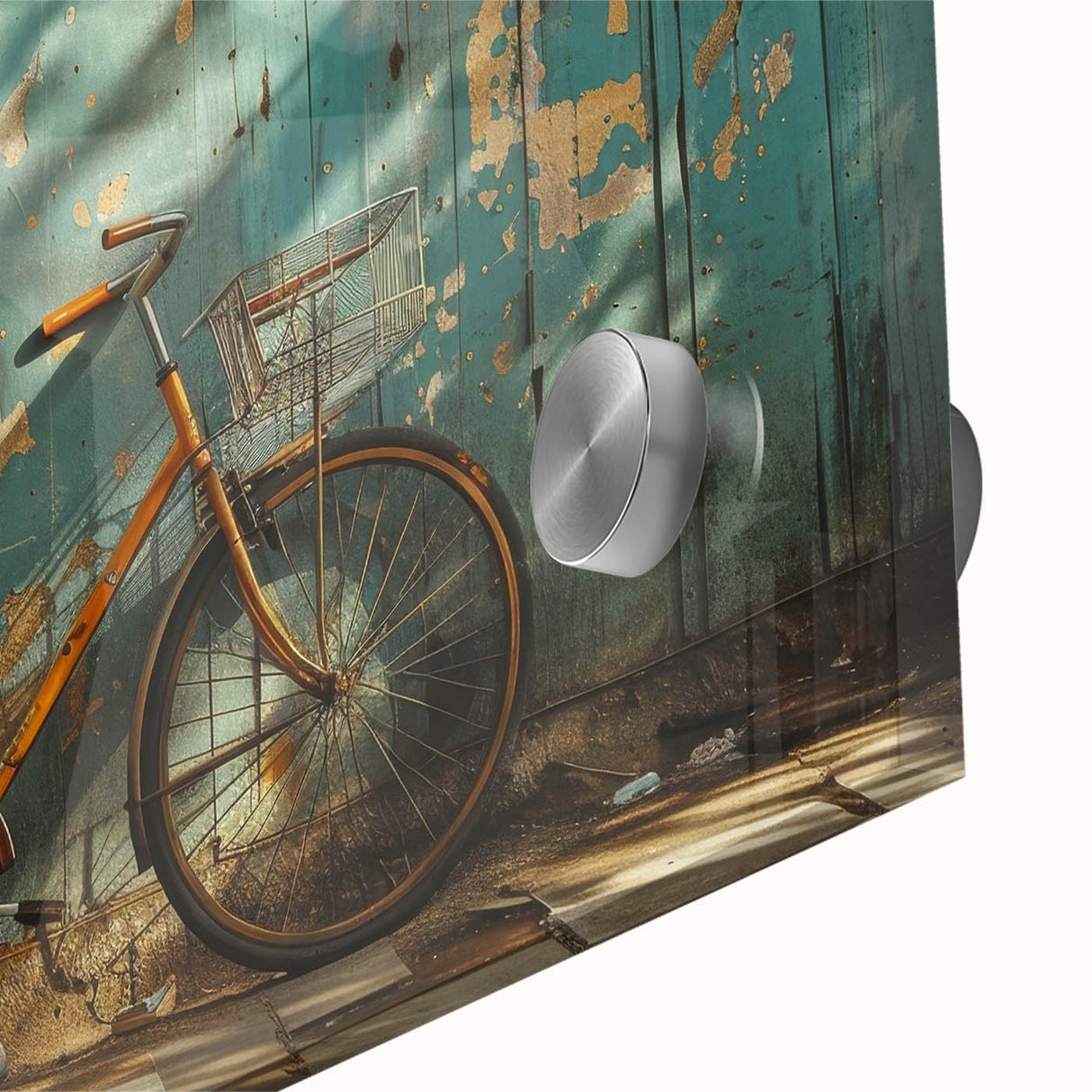 Mid-century modernist large abstract bicycle design in vibrant colors on acrylic glass, ideal for dining room art.
