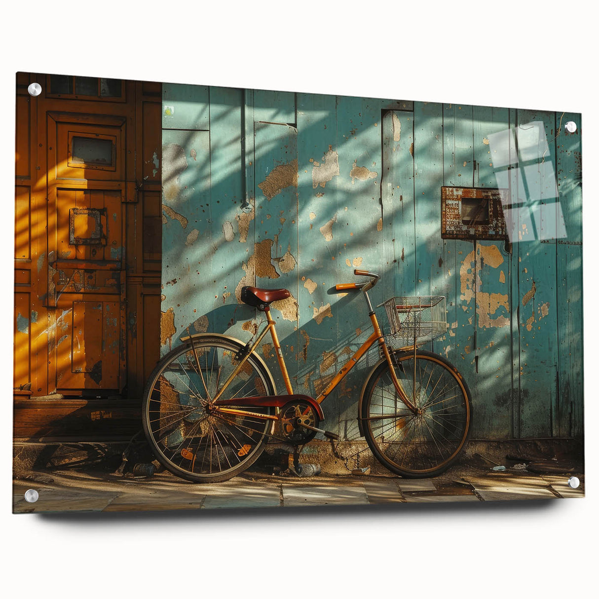 Side view of a bicycle design on large acrylic glass print in monochrome tones, suitable for bedroom or dining room art.