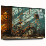Side view of a bicycle depicted in a minimalist style on acrylic glass, using muted earth tones.