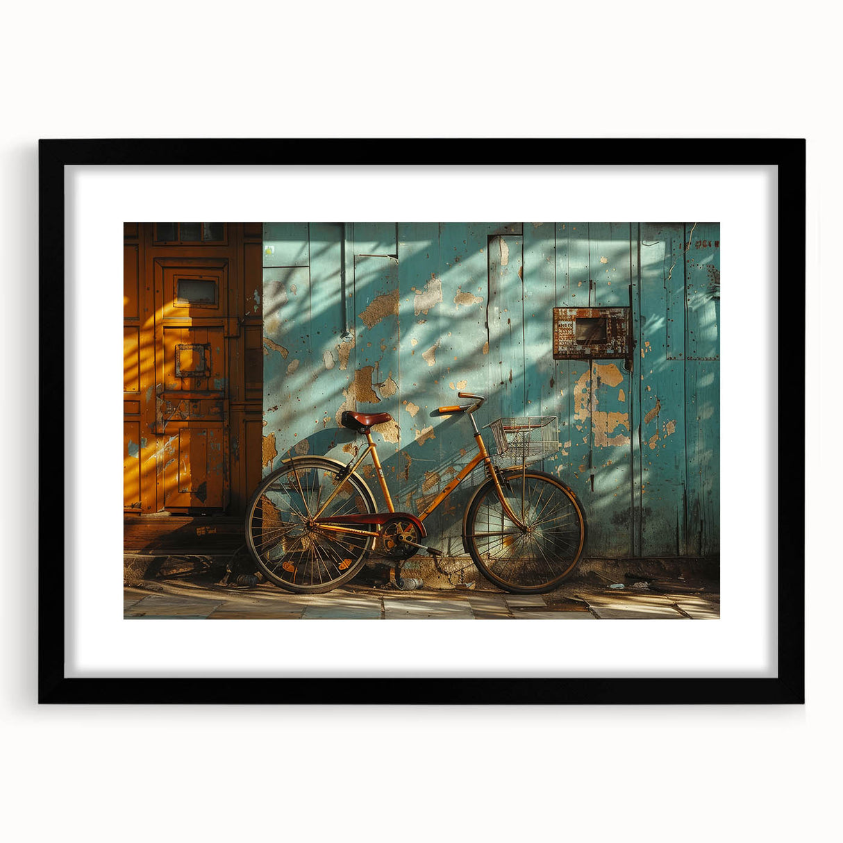 Extra large abstract art print of a colorful bicycle on textured canvas, framed in black, ideal for living room decor.
