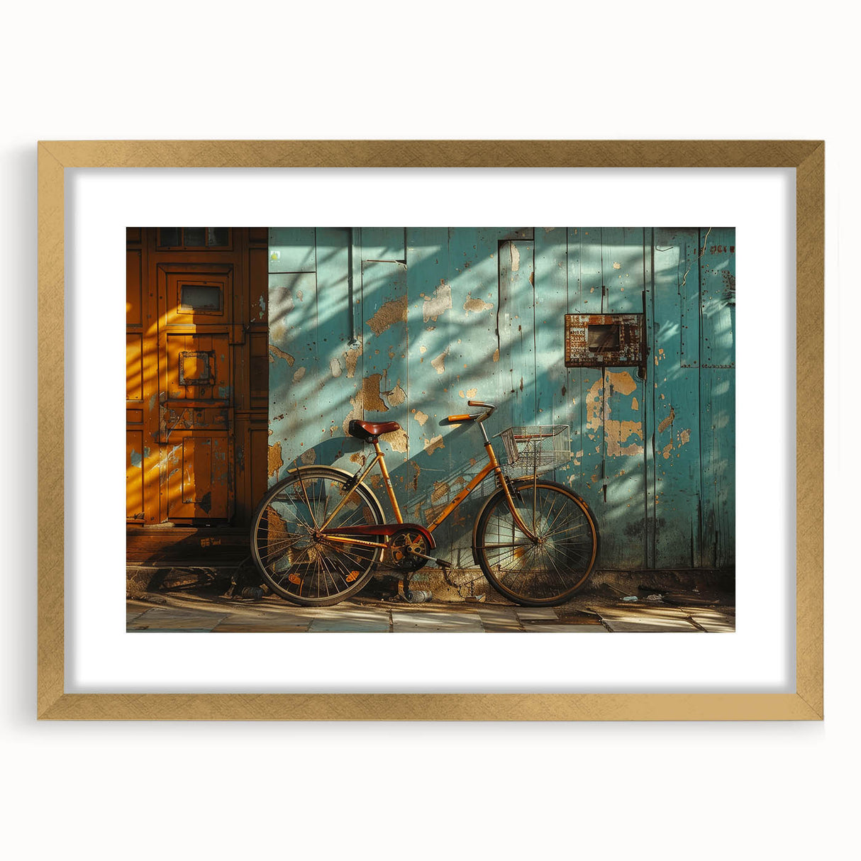 Abstract art print of a bicycle in black and white tones on a gold-framed canvas, suited for bedroom or dining room decor.