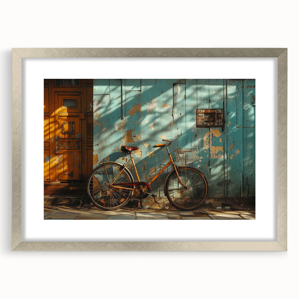 Textured art print featuring an abstract bicycle design in neutral tones on a silver-framed mat, ideal for bedroom decor.
