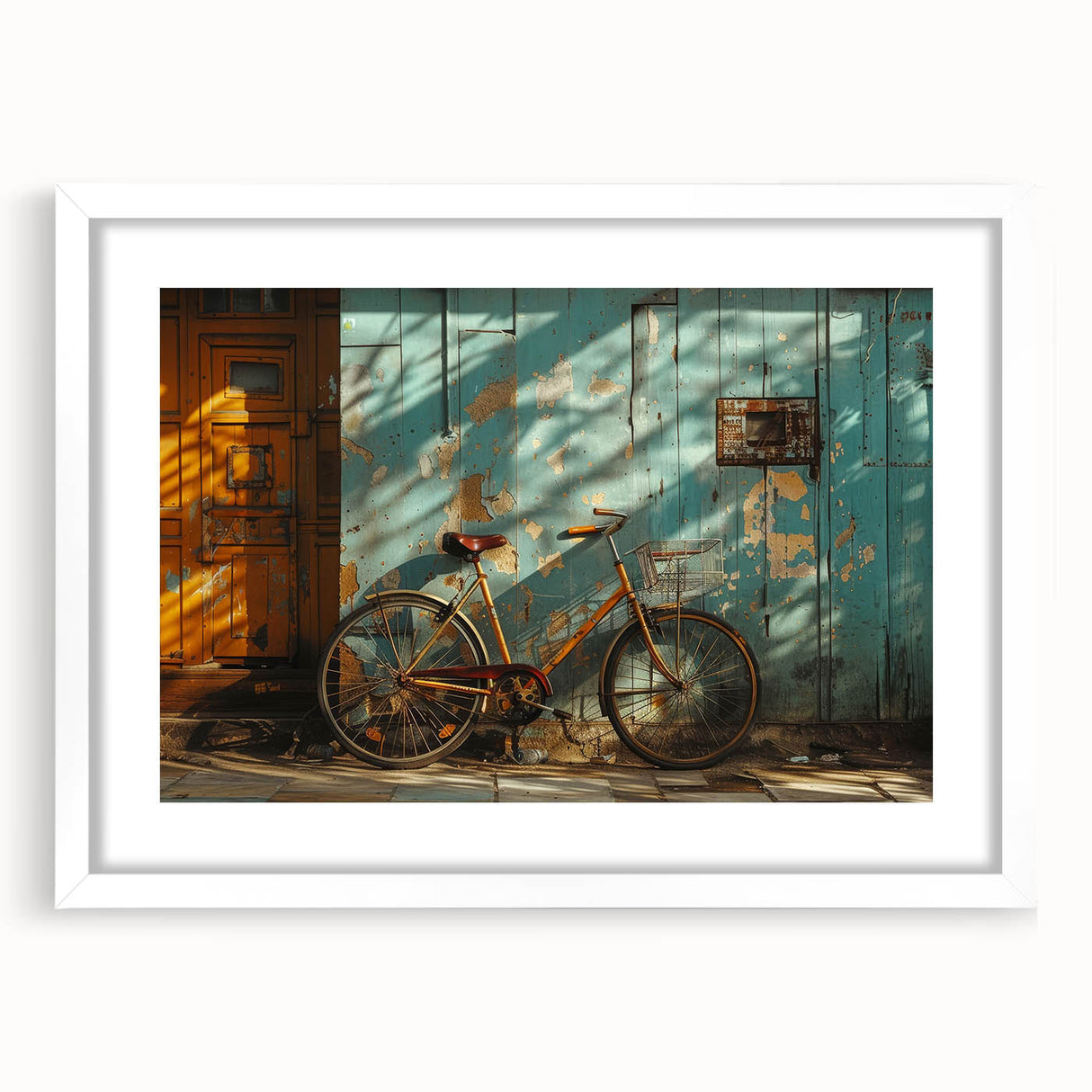 Abstract art print of a bicycle in textured shades of gray and white on a large canvas, ideal for living room decor.