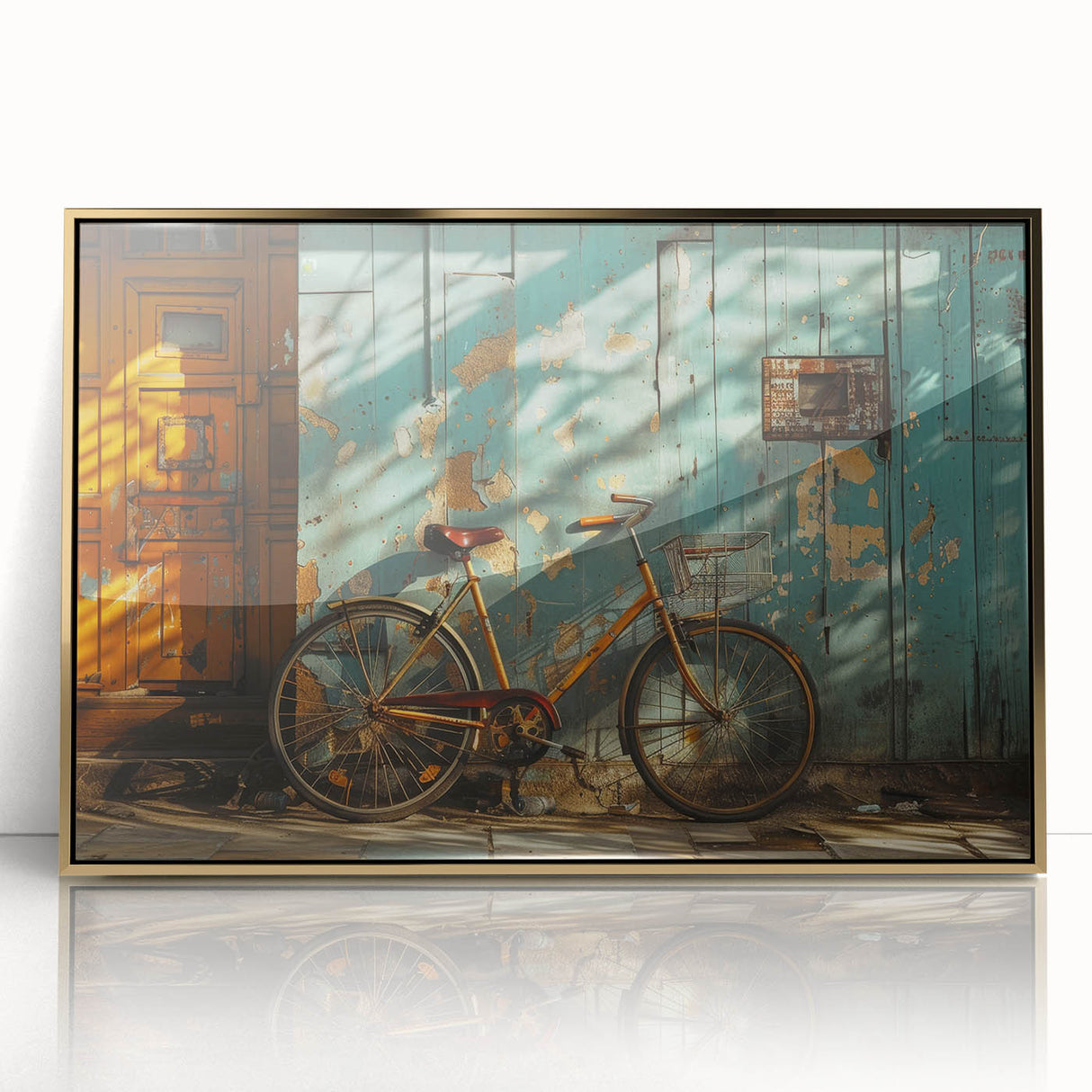Mid-century modernist art of a bicycle in black and gold tones on a framed acrylic.